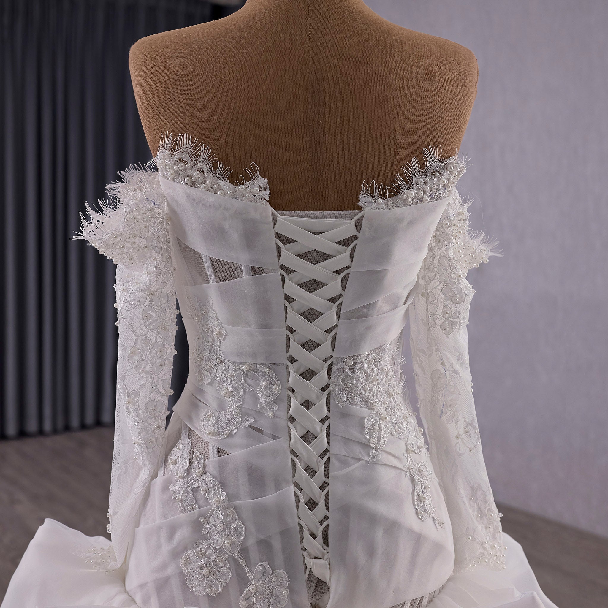 Elegant Off-the-Shoulder Organza Wedding Dress with Ruffle Skirt - Rosymae