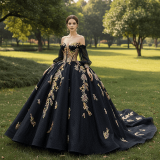 Elegant Off the Shoulder Puffy Black Quinceanera Dress For Sweet 15 16 Girls - Rosymae