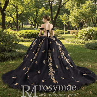 Elegant Off the Shoulder Puffy Black Quinceanera Dress For Sweet 15 16 Girls - Rosymae