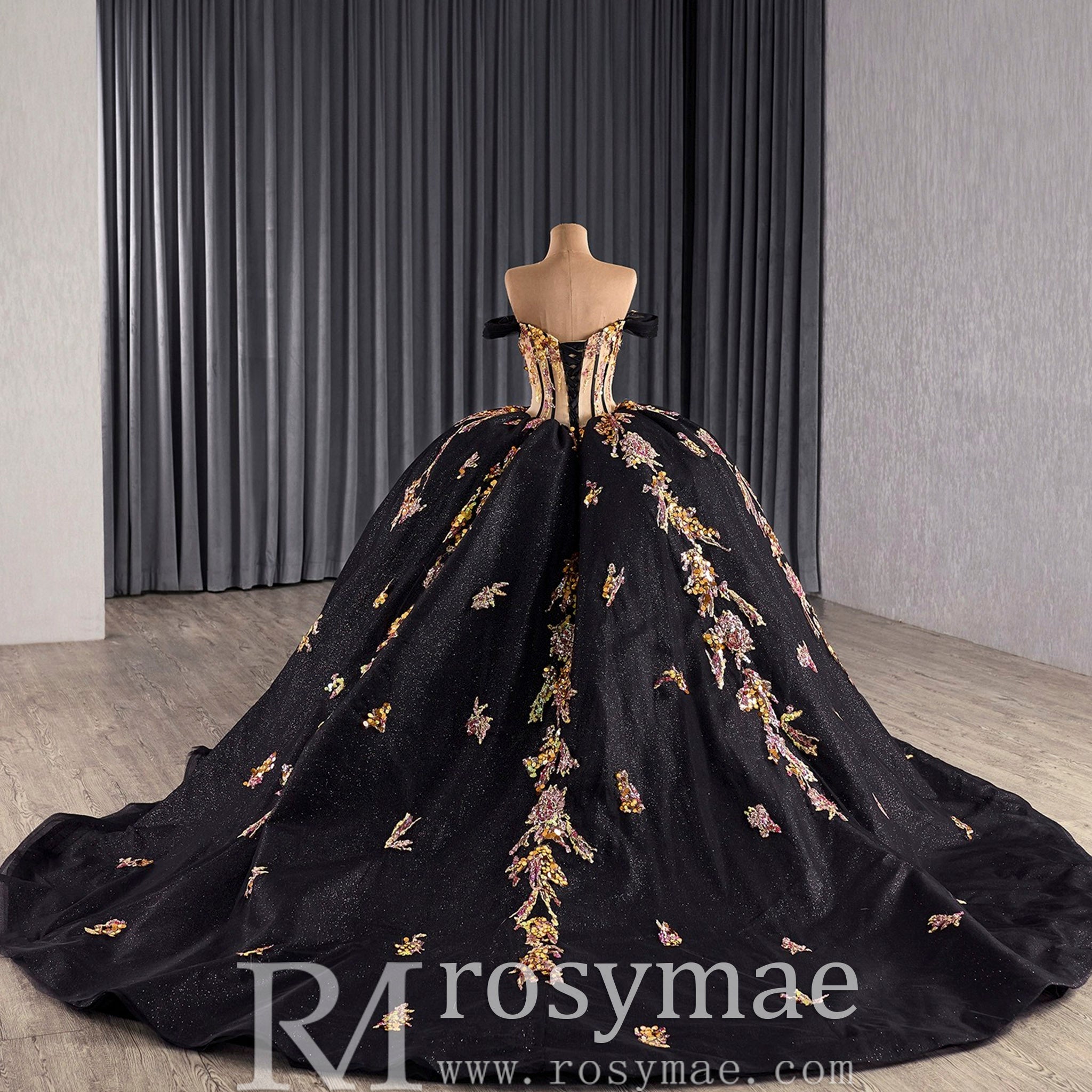 Elegant Off the Shoulder Puffy Black Quinceanera Dress For Sweet 15 16 – Rosymae