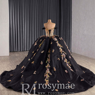 Elegant Off the Shoulder Puffy Black Quinceanera Dress For Sweet 15 16 Girls - Rosymae