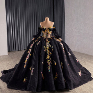 Elegant Off the Shoulder Puffy Black Quinceanera Dress For Sweet 15 16 Girls - Rosymae