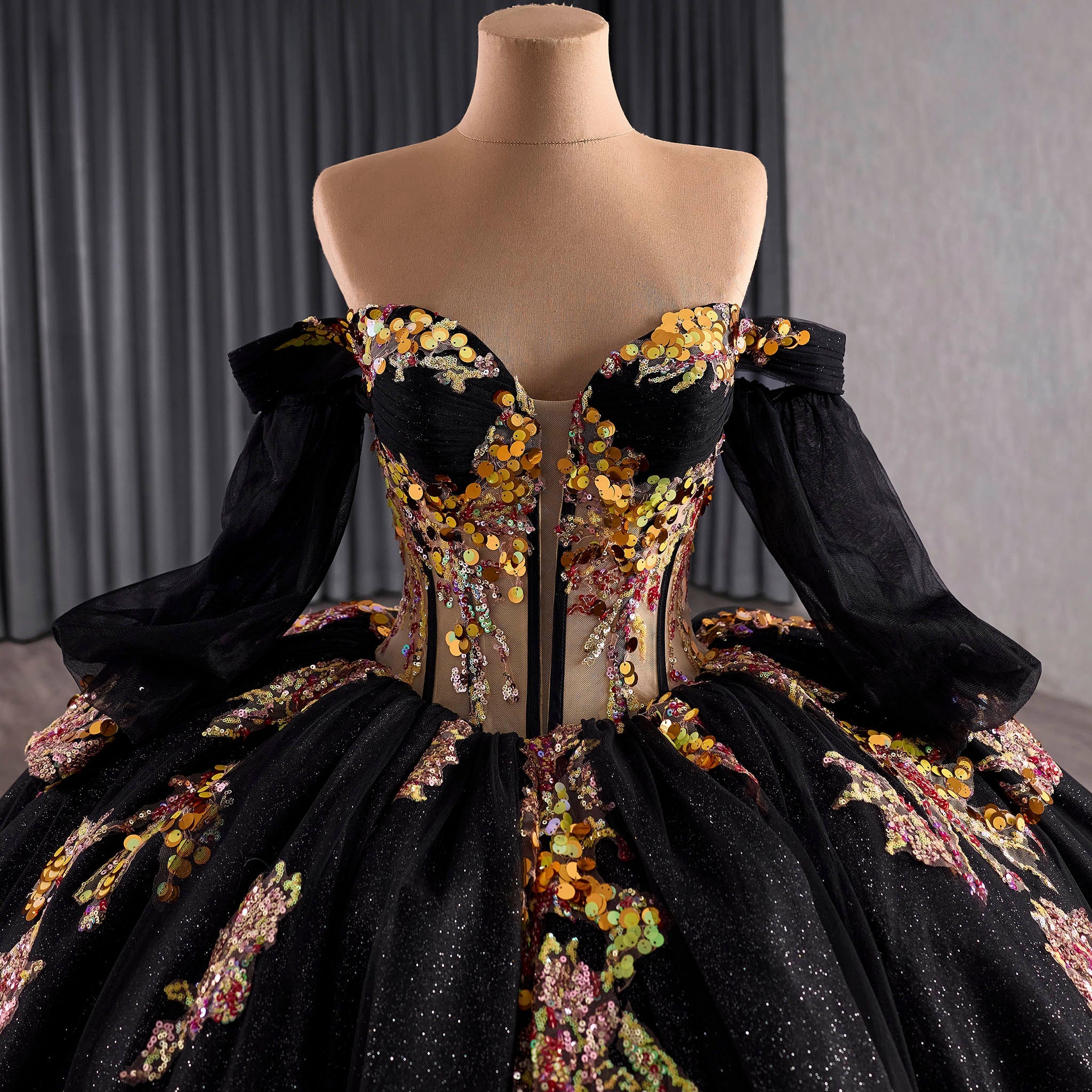 Elegant Off the Shoulder Puffy Black Quinceanera Dress For Sweet 15 16 – Rosymae
