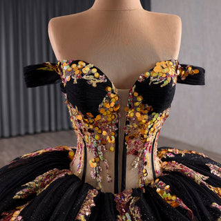 Elegant Off the Shoulder Puffy Black Quinceanera Dress For Sweet 15 16 Girls - Rosymae