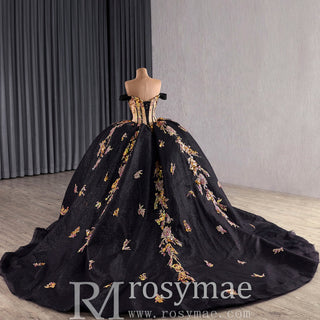 Elegant Off the Shoulder Puffy Black Quinceanera Dress For Sweet 15 16 Girls - Rosymae