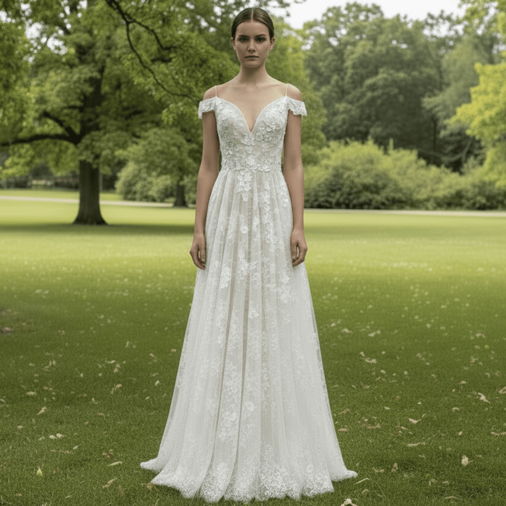 Elegante Vestido de Novia de Encaje y Tul con Hombros Descubiertos y Escote en V