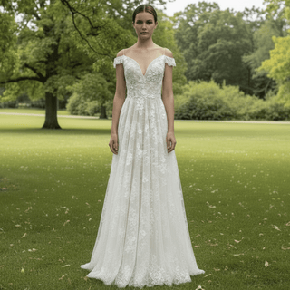 Elegant Off the Shoulder Sheath Lace Tulle Wedding Dress with Vneck - Rosymae