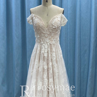 Elegant Off the Shoulder Sheath Lace Tulle Wedding Dress with Vneck - Rosymae