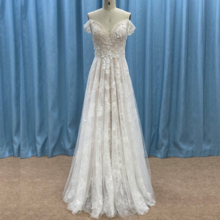 Elegant Off the Shoulder Sheath Lace Tulle Wedding Dress with Vneck - Rosymae
