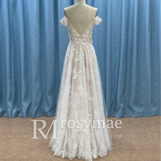 Elegant Off the Shoulder Sheath Lace Tulle Wedding Dress with Vneck - Rosymae