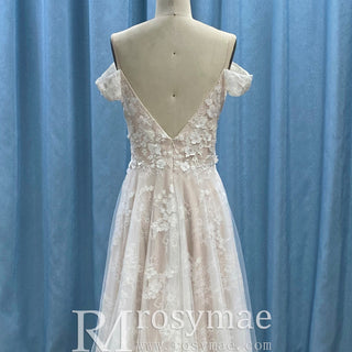 Elegant Off the Shoulder Sheath Lace Tulle Wedding Dress with Vneck - Rosymae