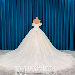 Elegant Off-the-Shoulder Wedding Dress Ball Gown with Floral Lace - Rosymae