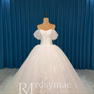 Elegant Off-the-Shoulder Wedding Dress Ball Gown with Floral Lace - Rosymae