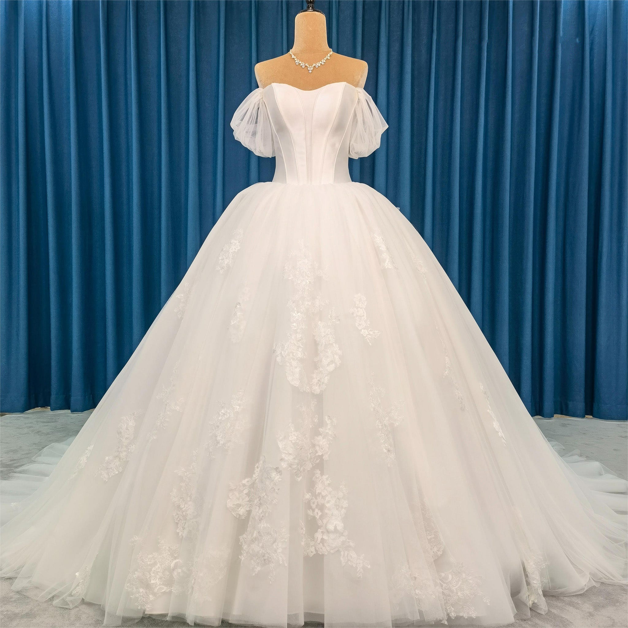 Elegant Off-the-Shoulder Wedding Dress Ball Gown with Floral Lace - Rosymae