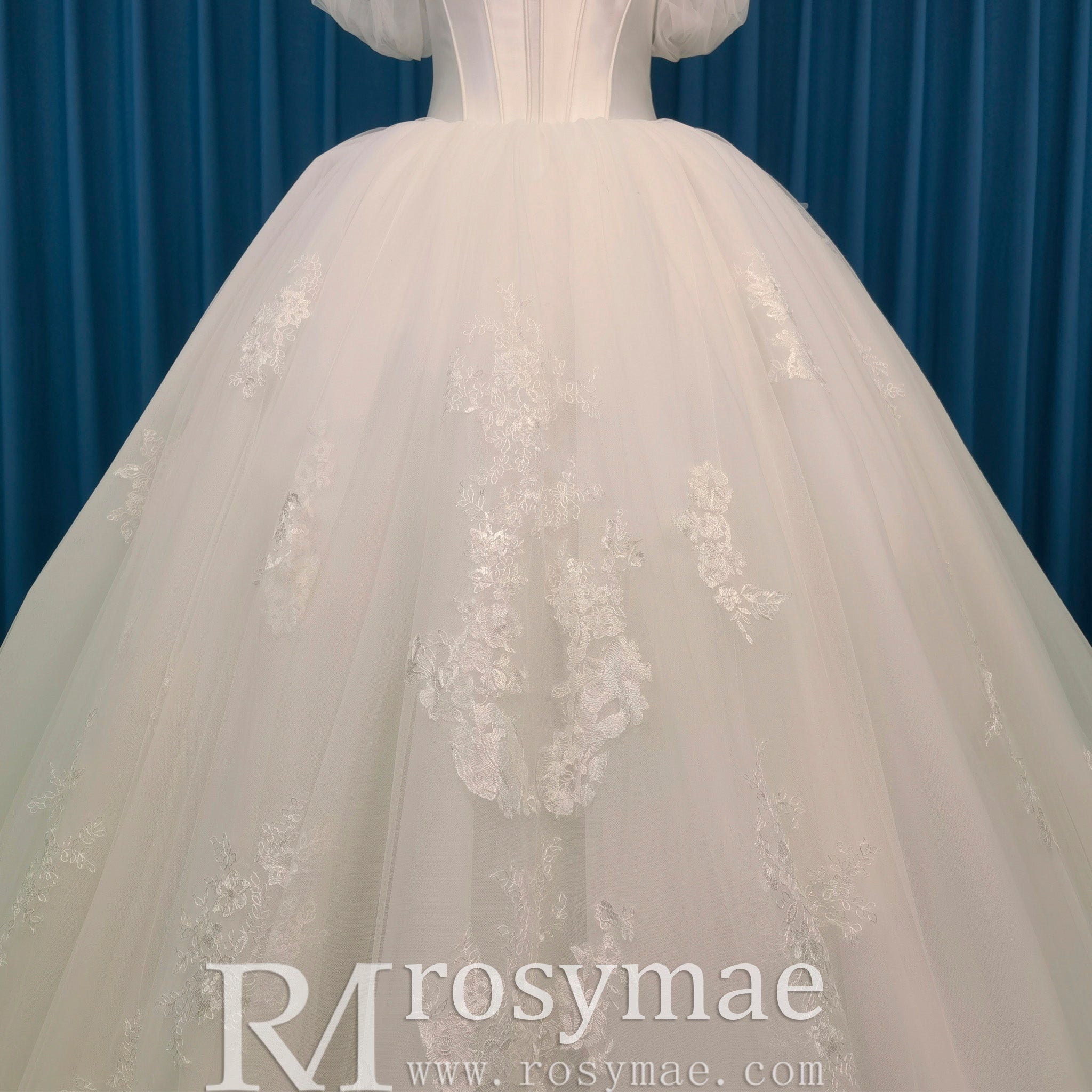 Elegant Off-the-Shoulder Wedding Dress Ball Gown with Floral Lace - Rosymae