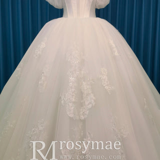 Elegant Off-the-Shoulder Wedding Dress Ball Gown with Floral Lace - Rosymae