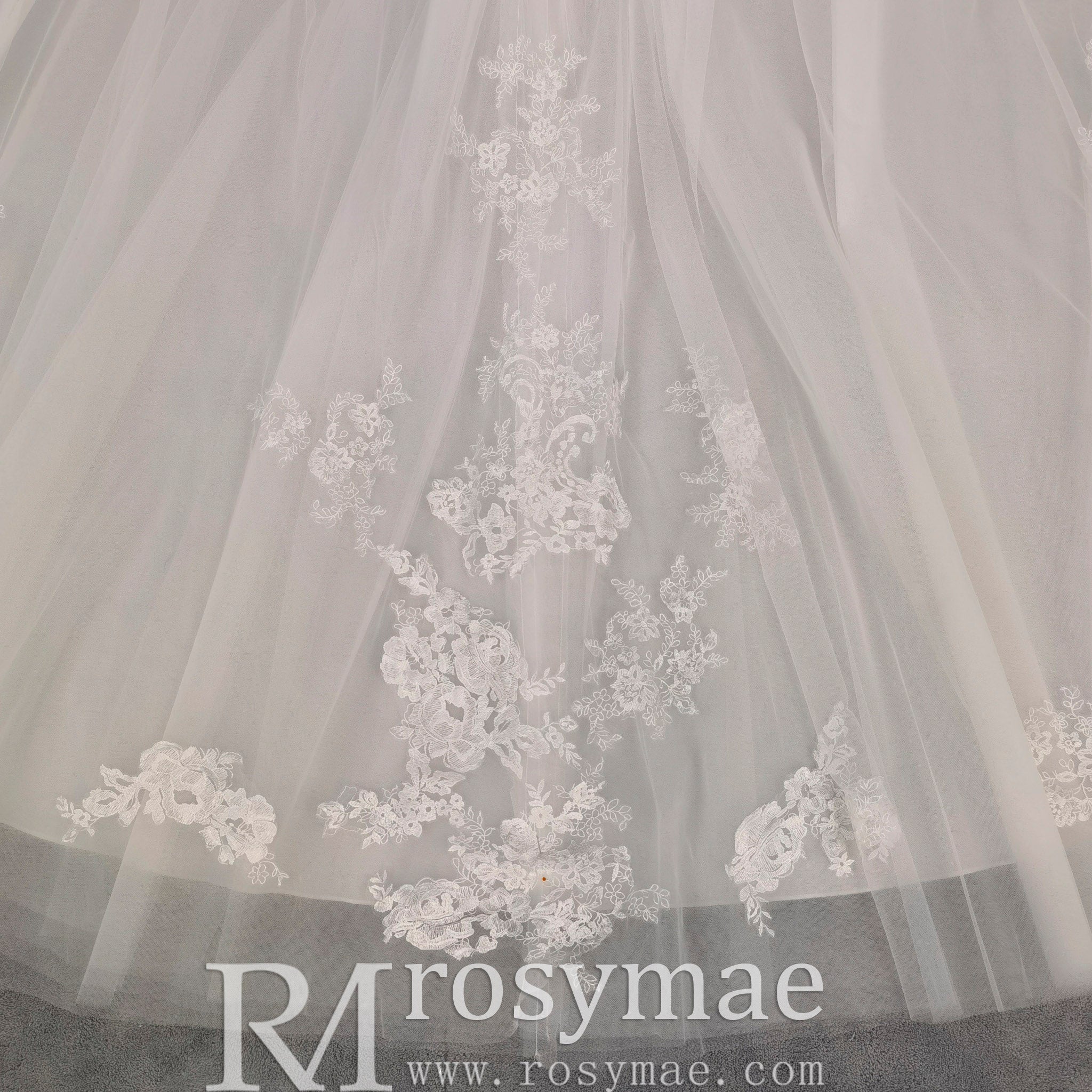 Elegant Off-the-Shoulder Wedding Dress Ball Gown with Floral Lace - Rosymae