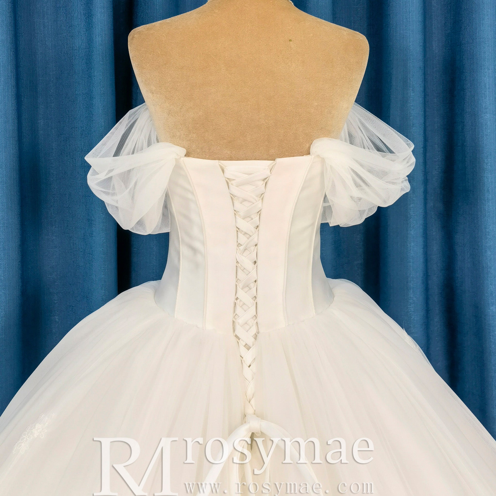 Elegant Off-the-Shoulder Wedding Dress Ball Gown with Floral Lace - Rosymae