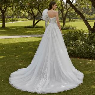 Elegant One Shoulder Long Sleeve Wedding Dresses with Leg Slit - Rosymae