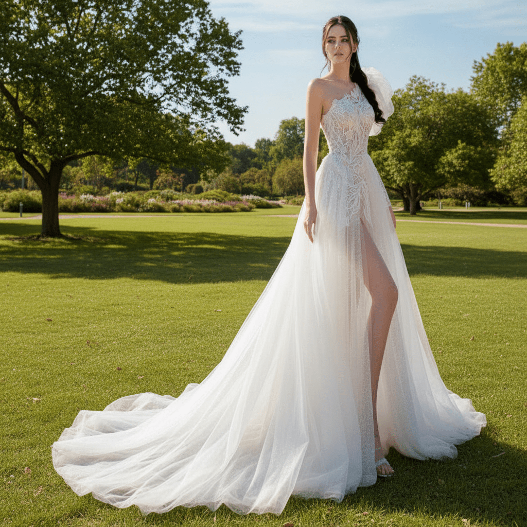 Elegant One Shoulder Long Sleeve Wedding Dresses with Leg Slit - Rosymae