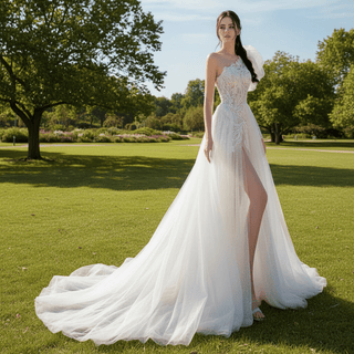 Elegant One Shoulder Long Sleeve Wedding Dresses with Leg Slit - Rosymae