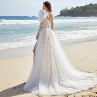 Elegant One Shoulder Long Sleeve Wedding Dresses with Leg Slit - Rosymae