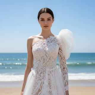 Elegant One Shoulder Long Sleeve Wedding Dresses with Leg Slit - Rosymae