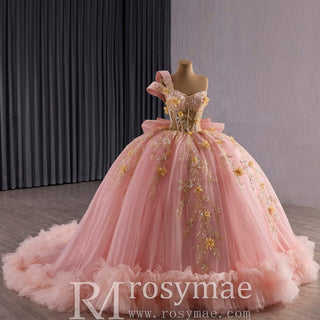 Elegant One Shoulder Puffy Pink Quinceanera Dress For Sweet 15 16 Girls - Rosymae