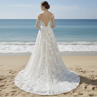 Elegant Open Back A-line Floral Lace Wedding Dress with Cap Sleeve - Rosymae