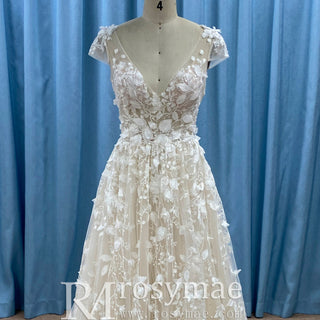 Elegant Open Back A-line Floral Lace Wedding Dress with Cap Sleeve - Rosymae