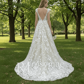 Elegant Open Back A-line Floral Lace Wedding Dress with Cap Sleeve - Rosymae