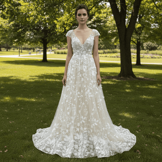 Elegant Open Back A-line Floral Lace Wedding Dress with Cap Sleeve - Rosymae