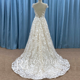 Elegant Open Back A-line Floral Lace Wedding Dress with Cap Sleeve - Rosymae