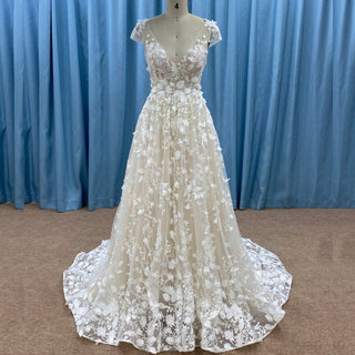 Elegant Open Back A-line Floral Lace Wedding Dress with Cap Sleeve - Rosymae