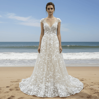 Elegant Open Back A-line Floral Lace Wedding Dress with Cap Sleeve - Rosymae