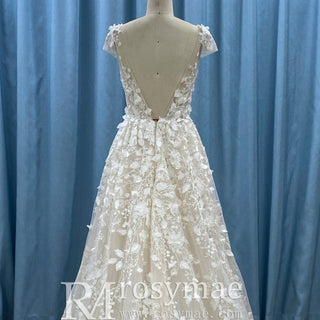 Elegant Open Back A-line Floral Lace Wedding Dress with Cap Sleeve - Rosymae