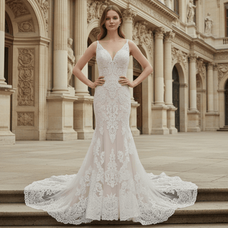 Elegant Open Back Mermaid Trumpet Lace Wedding Dress with V-neck - Rosymae