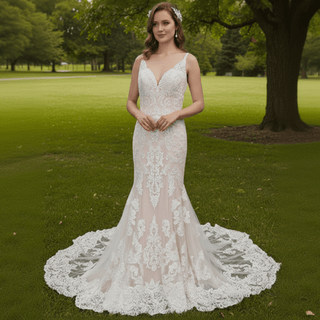 Elegant Open Back Mermaid Trumpet Lace Wedding Dress with V-neck - Rosymae