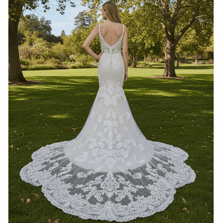 Elegant Open Back Mermaid Trumpet Lace Wedding Dress with V-neck - Rosymae