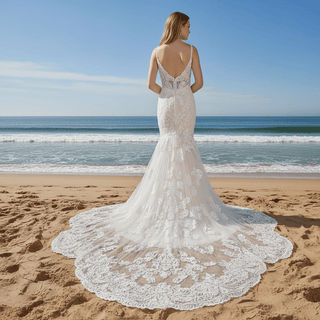 Elegant Open Back Mermaid Trumpet Lace Wedding Dress with V-neck - Rosymae