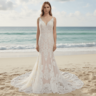 Elegant Open Back Mermaid Trumpet Lace Wedding Dress with V-neck - Rosymae