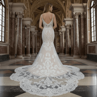 Elegant Open Back Mermaid Trumpet Lace Wedding Dress with V-neck - Rosymae
