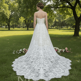 Elegant Overall Floral Lace A Line Wedding Dress with Bateau Neckline - Rosymae