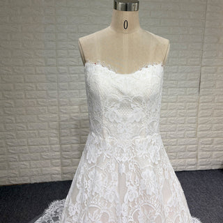 Elegant Overall Floral Lace A Line Wedding Dress with Bateau Neckline - Rosymae