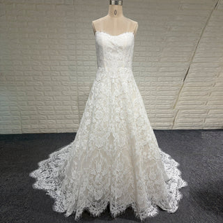 Elegant Overall Floral Lace A Line Wedding Dress with Bateau Neckline - Rosymae