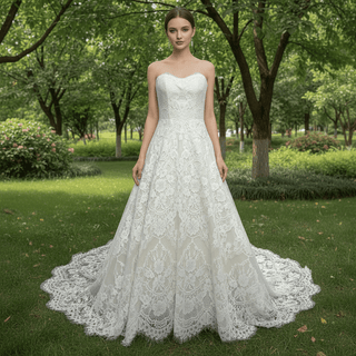 Elegant Overall Floral Lace A Line Wedding Dress with Bateau Neckline - Rosymae