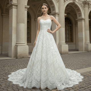 Elegant Overall Floral Lace A Line Wedding Dress with Bateau Neckline - Rosymae