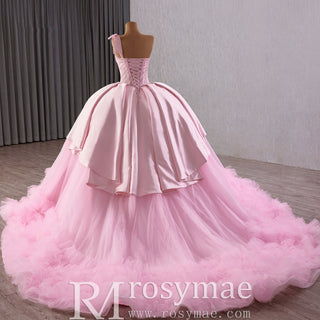 Elegant Pink One Shoulder Asymmetrical Neckline Quinceanera Dresses - Rosymae