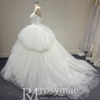 Elegant Pleated Sparkly Tulle Ball Gown Strapless Wedding Dress - Rosymae