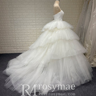 Elegant Pleated Sparkly Tulle Ball Gown Strapless Wedding Dress - Rosymae